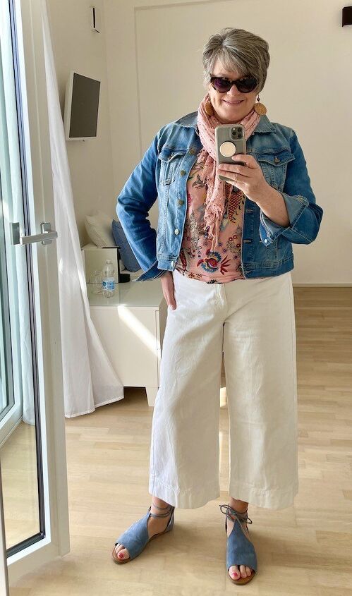 how to style rocking white wide leg pants a peach top and a jean jac, wide leg pants peach top jean jacket