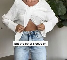 the viral button down hack worn 3 different ways, Putting other sleeve on