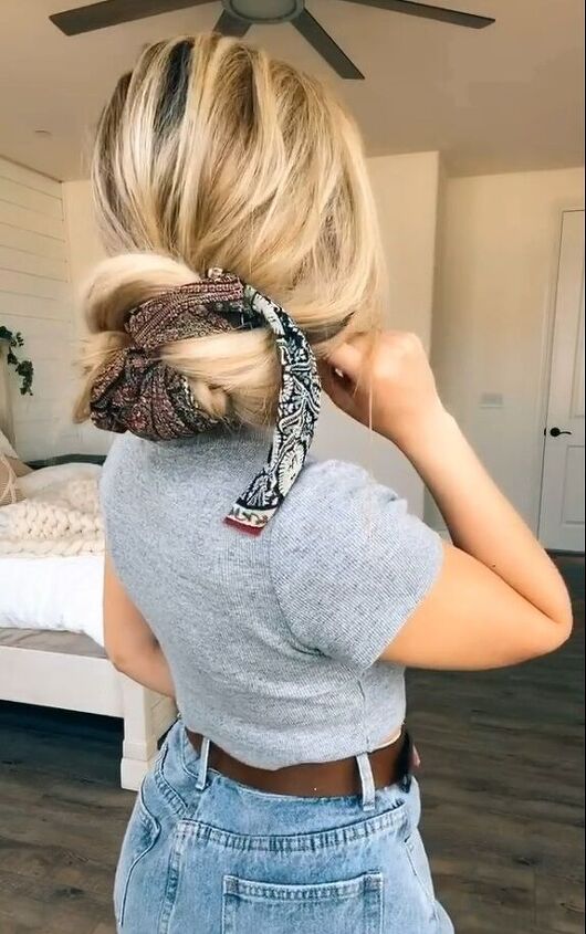 grab a scarf and upgrade your messy bun, Finished low messy bun look