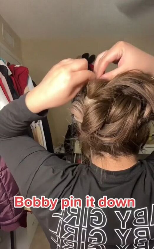 braid hack for a super easy formal updo, Adding bobby pins