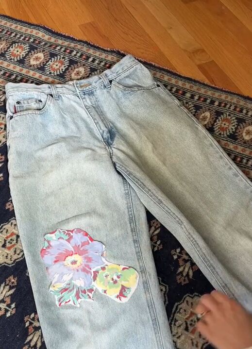 taylor swift inspired diy floral jeans, Attaching floral patches to jeans