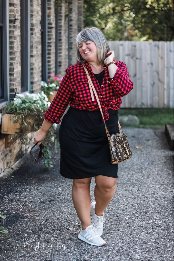 how to style a knit lbd nine ways, Black knit t shirt dress with buffalo plaid button down and sneakers How to style an LBD for day
