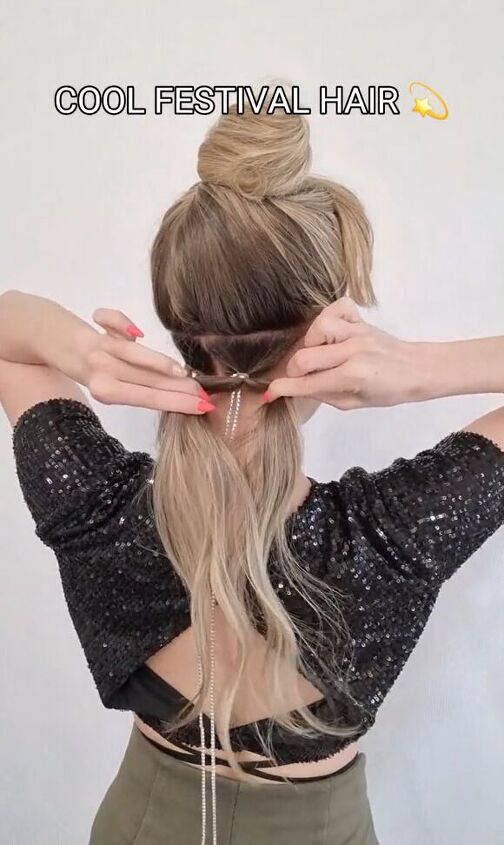 this fun hairstyle is perfect for summer festivals, Creating pigtails