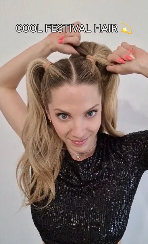 this fun hairstyle is perfect for summer festivals, Tying high pigtails