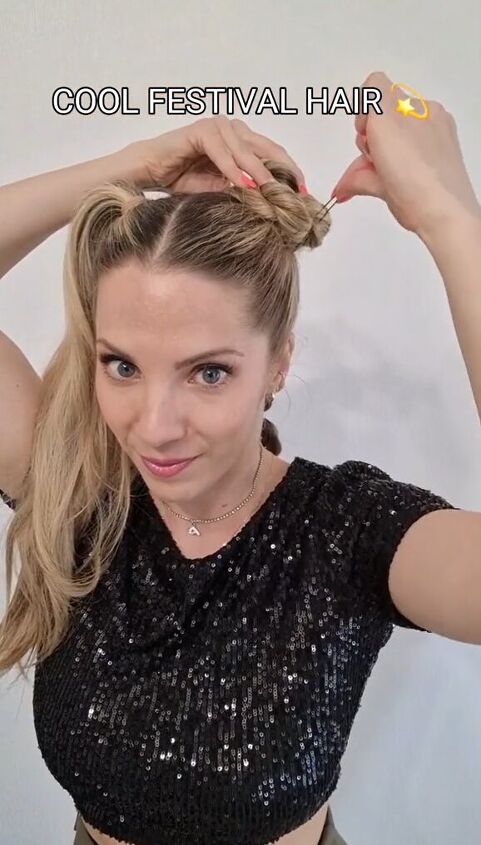this fun hairstyle is perfect for summer festivals, Creating buns