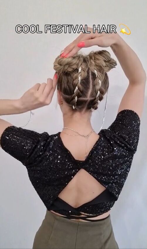 this fun hairstyle is perfect for summer festivals, Draping the braids