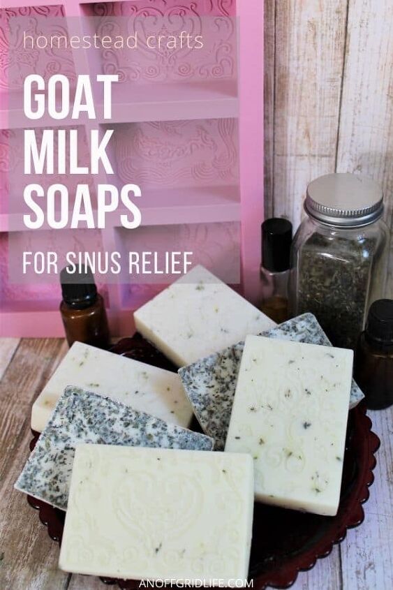 Goat milk soaps for sinus relief text overlay on image of homemade soaps with essential oil and soap mold in background