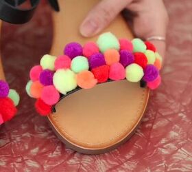 all you need is a bag of pom poms for this colorful diy, DIY pom pom shoes