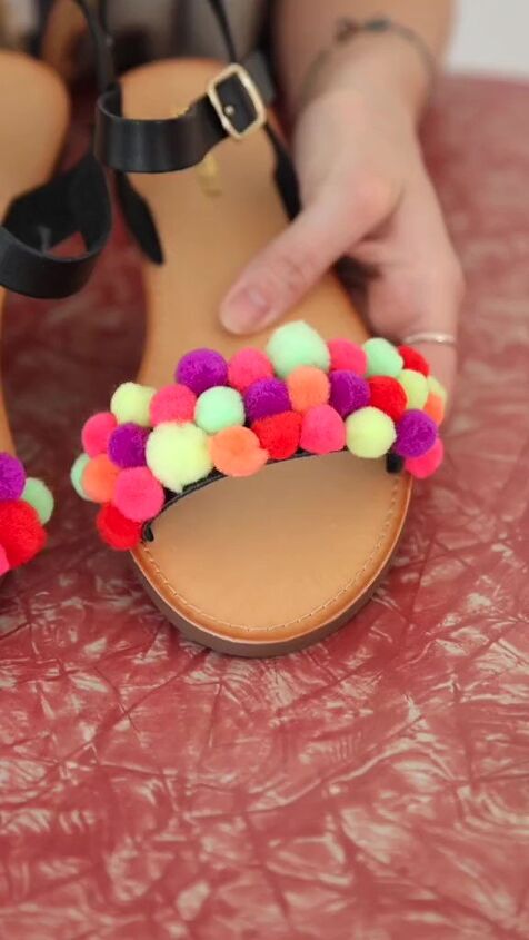 all you need is a bag of pom poms for this colorful diy, DIY pom pom shoes