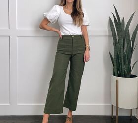 summer work outfits, Anthro wide leg pants white puff sleeve top