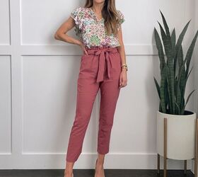 summer work outfits, Pink Paperbag pants floral flutter sleeve top
