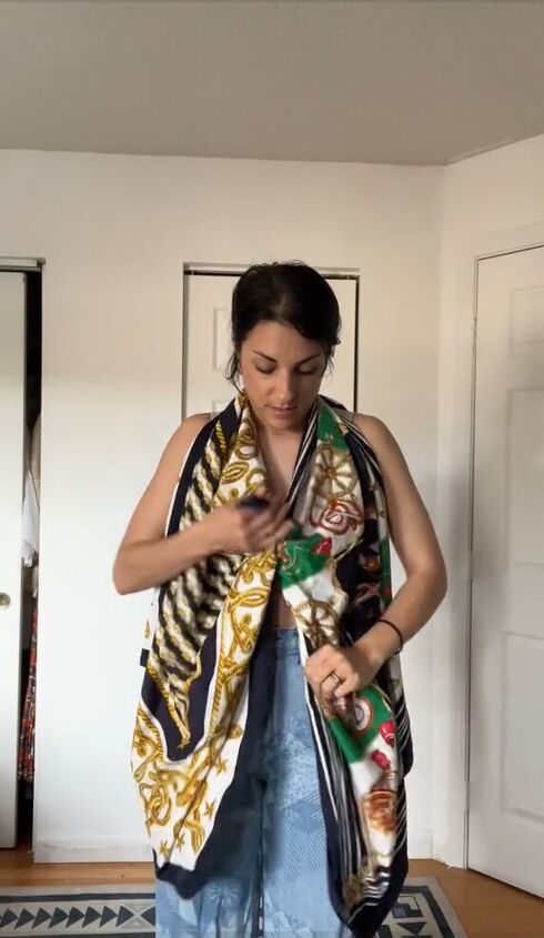 turning 2 of my grandma s silk scarves into a beautiful top, Tying scarf at front