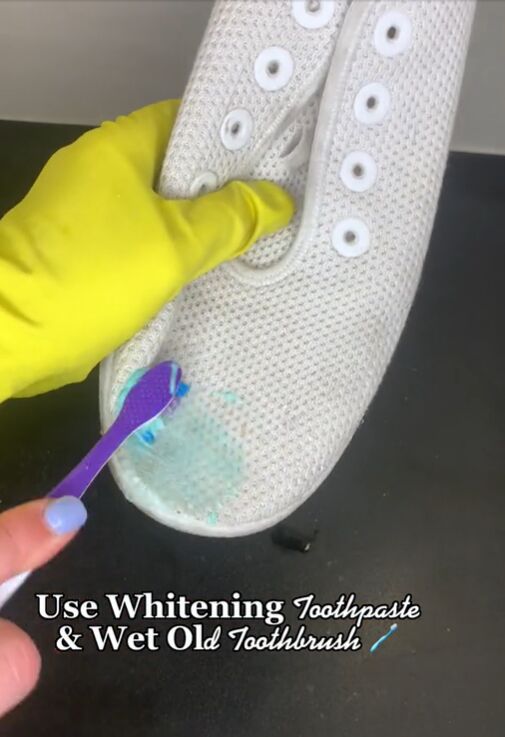 how to get your old white shoes to look brand new again, Scrubbing sneakers with toothpaste