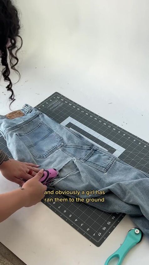 double the waistband in this easy trending diy, Cutting jeans