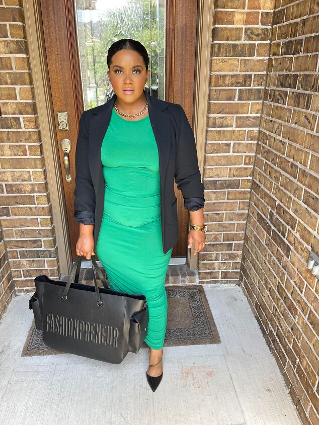 how to style a solid green dress from desk to dinner