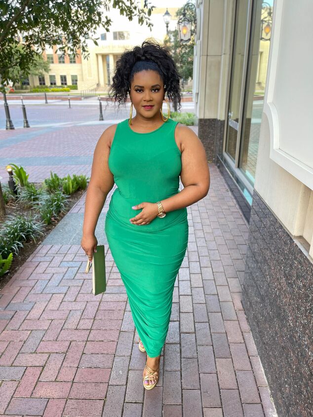 how to style a solid green dress from desk to dinner