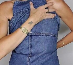 no sew way to turn a blue jean jacket into a denim dress, Wrapping jacket