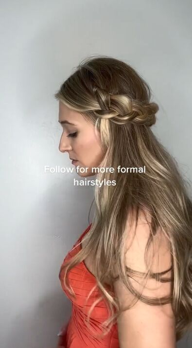 this braided crown is easy for any wedding prom or formal event, Half up half down braided hairstyle