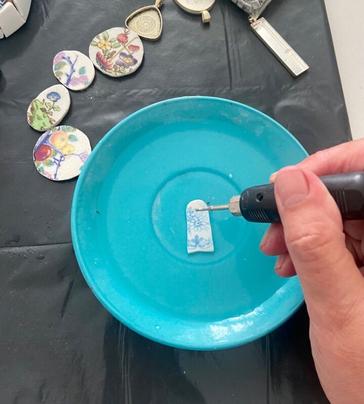 how to create one of a kind earrings from vintage crockery, Drilling hole