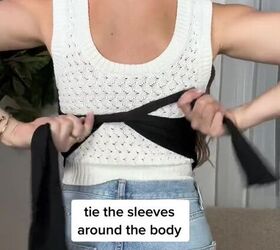 how to turn a long sleeve into a summer crop top, Tying sleeves