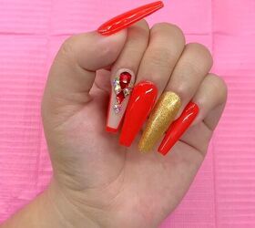 acrylic red and gold nails, DIY acrylic red and gold nails