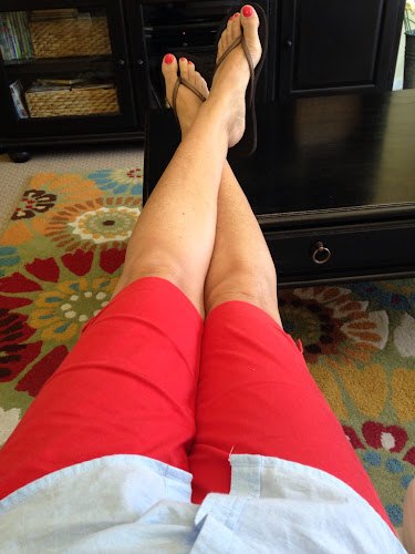 fashion friday just being at home casual, Red knee length shorts blue button down shirt fashion Friday