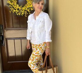 https drjuliesfunlife com six patterned pants outfits, white tee similar white jean jacket pants tote sandals