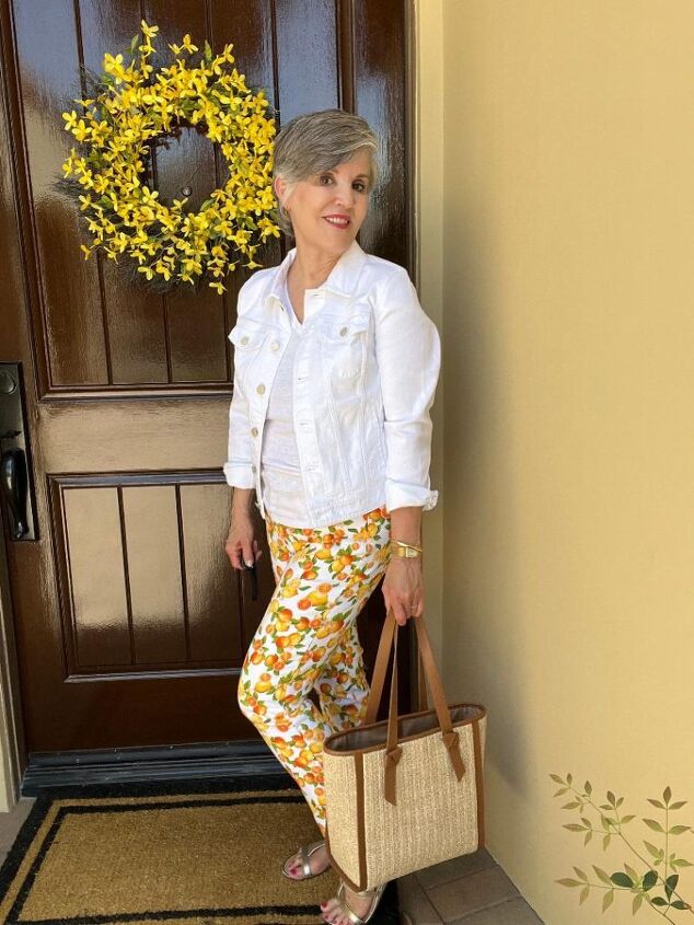 https drjuliesfunlife com six patterned pants outfits, white tee similar white jean jacket pants tote sandals