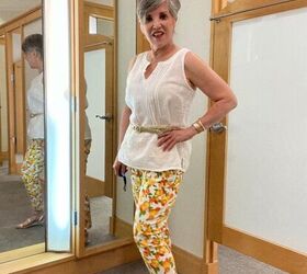https drjuliesfunlife com six patterned pants outfits, linen top pants sandals gold belt