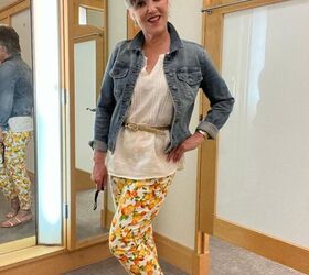 https drjuliesfunlife com six patterned pants outfits, denim jacket tank pants belt sandals