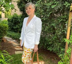 https drjuliesfunlife com six patterned pants outfits, white linen blazer 8 pants 6 tote nude sandals similar white v neck top