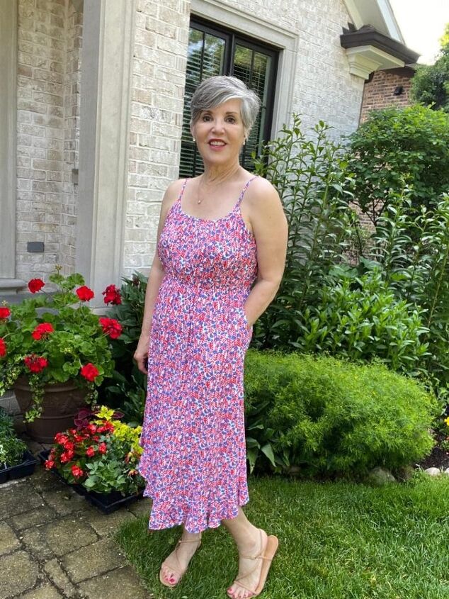 what to wear over a dress 3 looks, Here is me wearing the red white and blue soft floral sleeveless dress with a pair of nude sandals and a pave heart necklace The dress has pockets