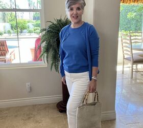 4th of july outfits, Here I am wearing a royal blue cardigan shell and white jeans with bow backed flats