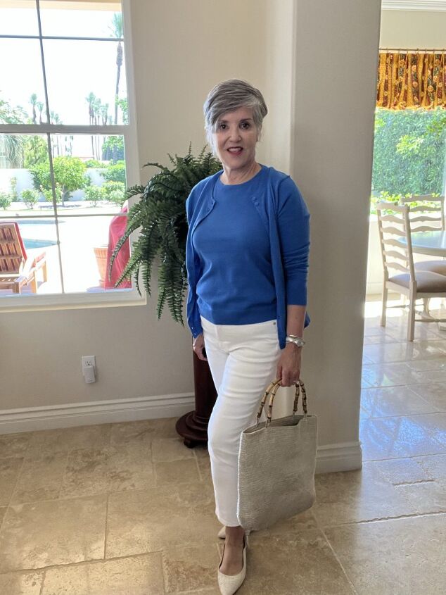 4th of july outfits, Here I am wearing a royal blue cardigan shell and white jeans with bow backed flats