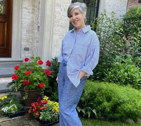 4th of july outfits, I am wearing a blue and white striped oversized shirt with blue linen wide leg trousers and nude sandals