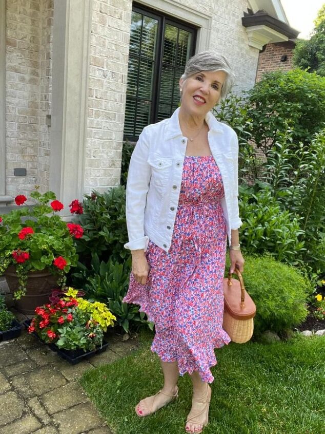 4th of july outfits, Here is a full shot of my red white and blue sundress with the jean jacket and summery bag The dress has a small ruffle at the hem