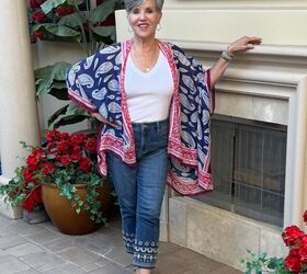 4th of july outfits, In this last look I am wearing cropped blue jeans with nude sandals and a white Michael Stars tank Then I added a red white and blue ruana my necklace is a layered silver one by Kendra Scott and my bracelets are cute beaded ones that are very inexpensive