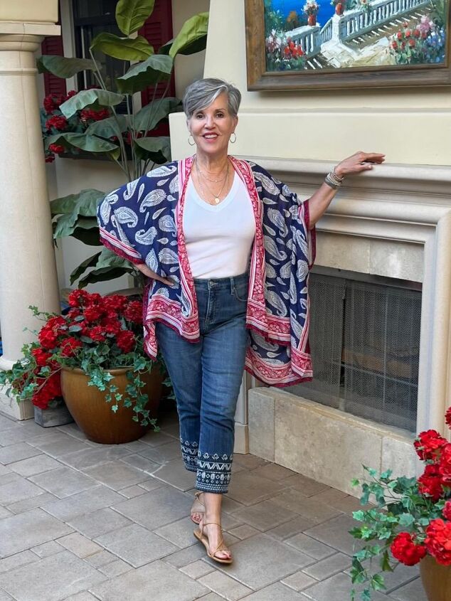 4th of july outfits, In this last look I am wearing cropped blue jeans with nude sandals and a white Michael Stars tank Then I added a red white and blue ruana my necklace is a layered silver one by Kendra Scott and my bracelets are cute beaded ones that are very inexpensive