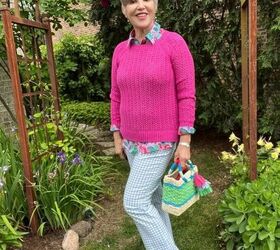 4 fun ways to style blue gingham pants for women, Here I am wearing the lilac sweater over the print shirt with the blue gingham pants and nude flat sandals