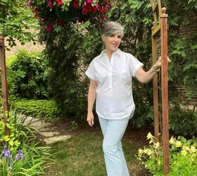 4 fun ways to style blue gingham pants for women, I am wearing a white short sleeved popover shirt over my pale blue gingham slacks