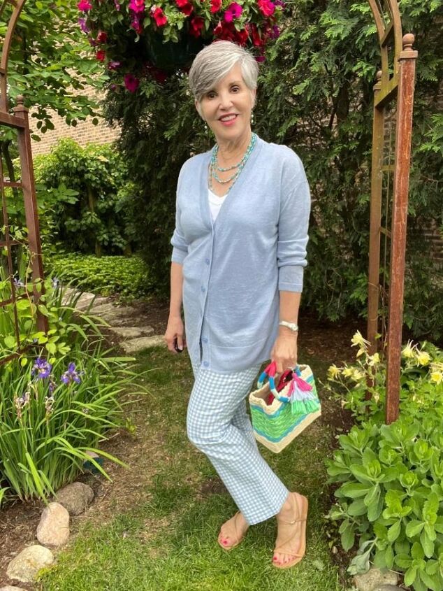 4 fun ways to style blue gingham pants for women, Here I am wearing a white v neck tank with a pale blue linen cardigan over it I have wrapped a blue beaded necklace around my neck to fill in the neckline Again I am wearing my striped mini wicker bag from Talbots