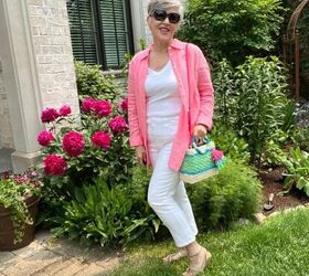 how to wear a linen shirt this summer 4 ways, Here s how to wear a linen shirt the first way over a white tank white cropped jeans and with a fun striped mini wicker bag