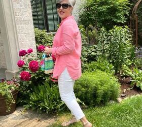 how to wear a linen shirt this summer 4 ways, Here is a side view of how to wear a linen shirt It s paired with a cute striped mini wicker bag white jeans and a white tank