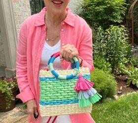 how to wear a linen shirt this summer 4 ways, Herr is a closeup of the mini wicker bag that has pale green and blue stripes on the bag and on the bag s handle