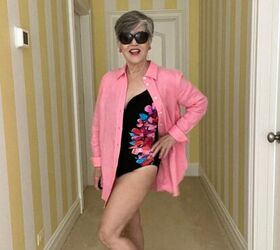 how to wear a linen shirt this summer 4 ways, Here is the pink coverup over the black bathing suit My leg is peeking out and you can see the boyfriend shirt is easily long enough to cover my backside and upper thighs