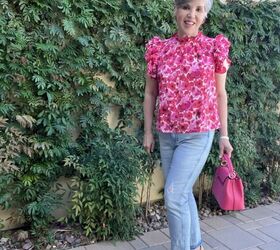 do you know about avara tops and accessories, Avara pink ruffled top with vintage jeans and a pink purse with nude pumps