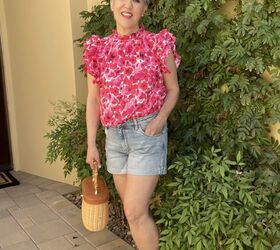 do you know about avara tops and accessories, The last look is a pair of cut off light blue denim shorts with a pink top and a wicker J McLaughlin bag