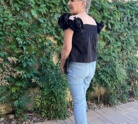 four spring date night outfits, Here is the same black ruffled top but a view from the back The back has gentle shirring I wore gold hoop earrings and a black clutch