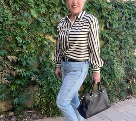 four spring date night outfits, Here is a closer up look of the striped shirt and jeans Again I wore gold hoop earrings and I added a black leather belt