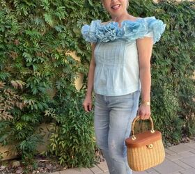four spring date night outfits, here is the third spring date night outfit The pale blue sleeveless top is flattering and paired with medium wash jeans and nude pumps My J McLaughlin bag is wicker and leather
